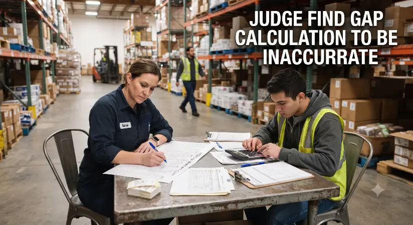 Warehouse workers reviewing paperwork beneath a headline about Gap inventory calculations